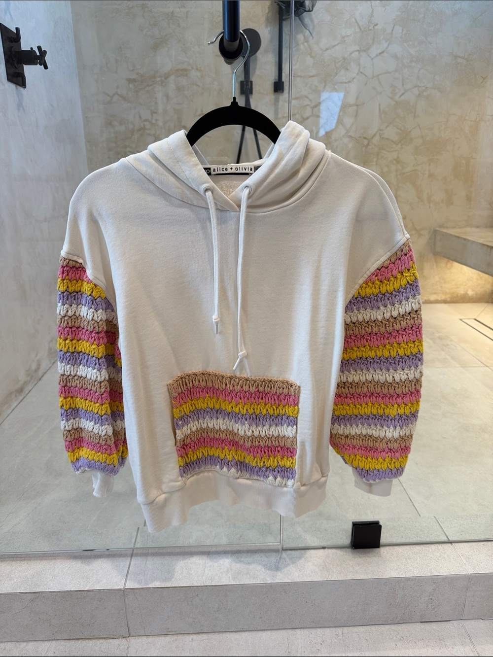 Alice + Olivia Cream Hoodie with Pink, Yellow & Lavender Striped Knit Sleeves